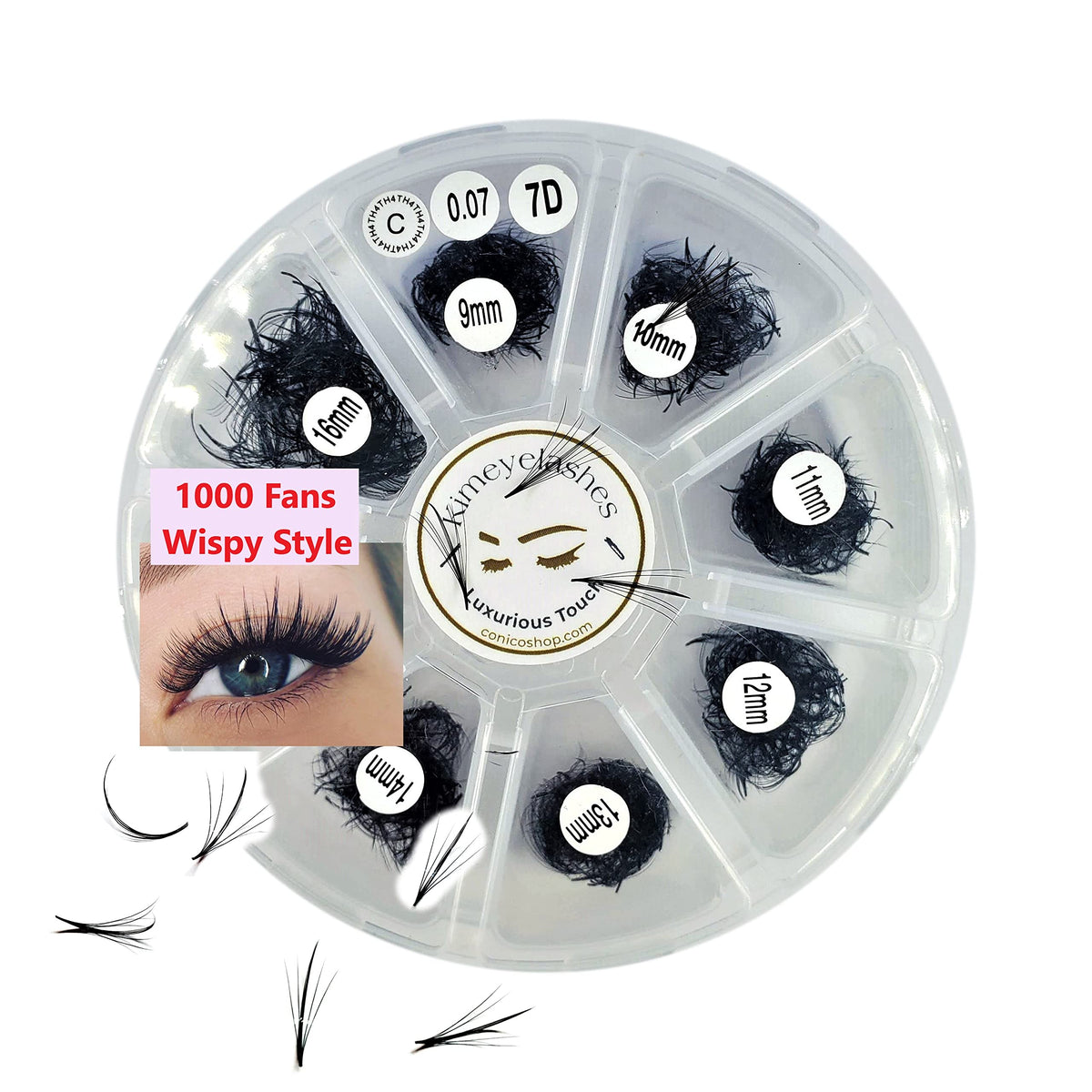 1000 premade volume fans mixed lengths 9-16mm C D Curl front view