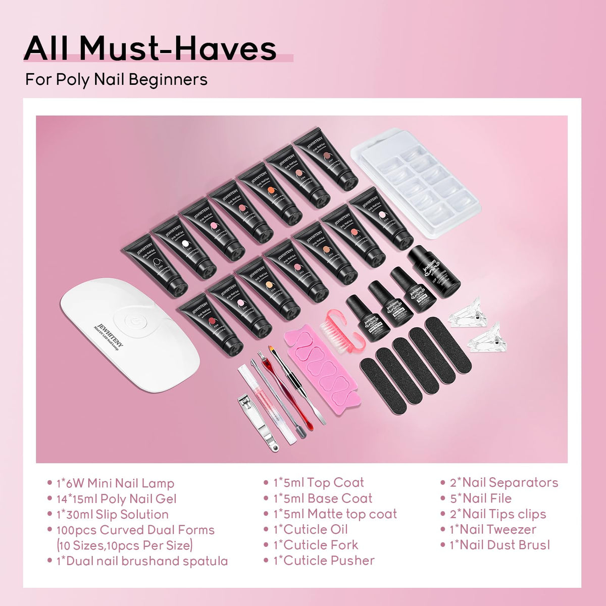 14 vibrant poly nail gels included in JEWHITENY kit