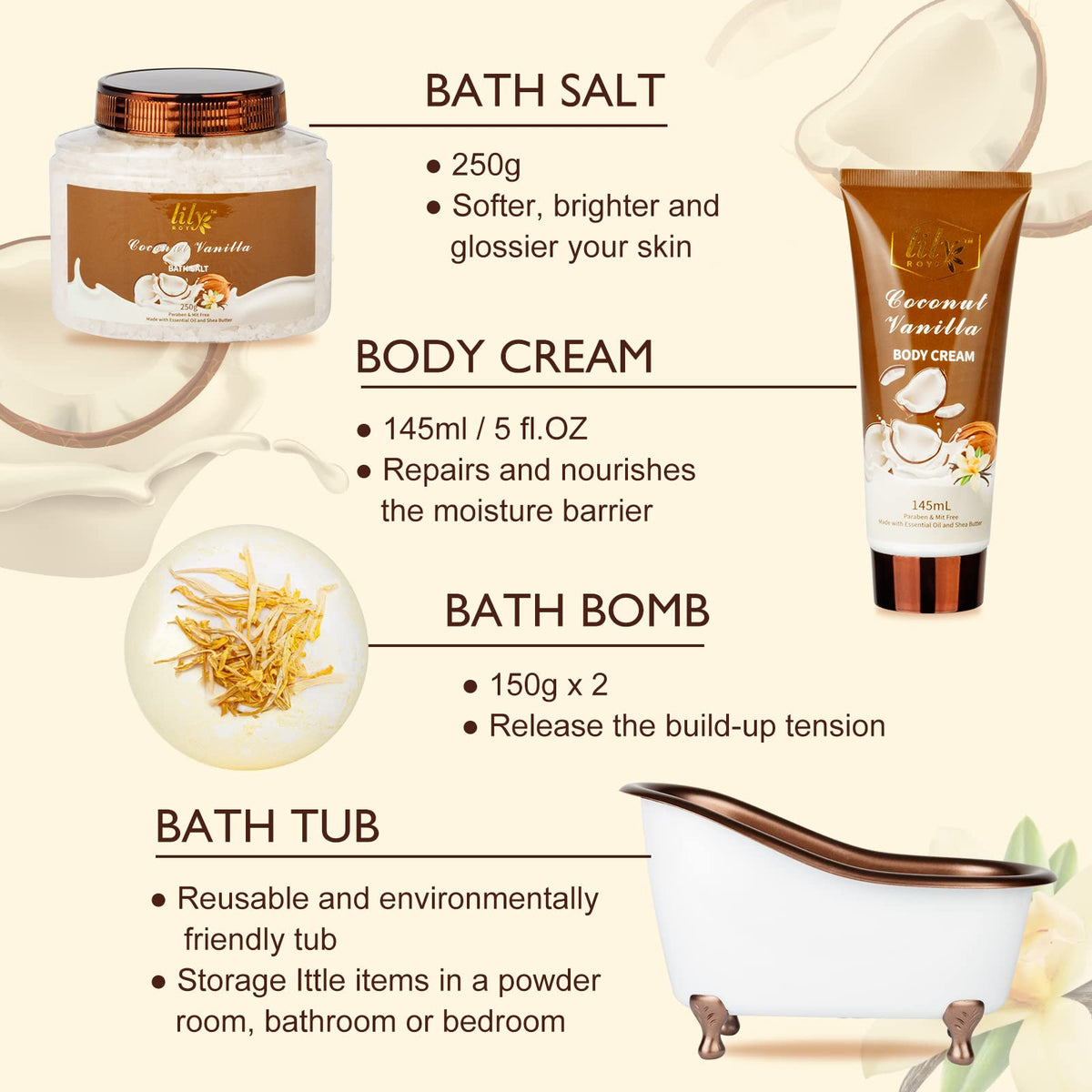 250ml bubble bath from LILY ROY Coconut Vanilla Spa Gift Set