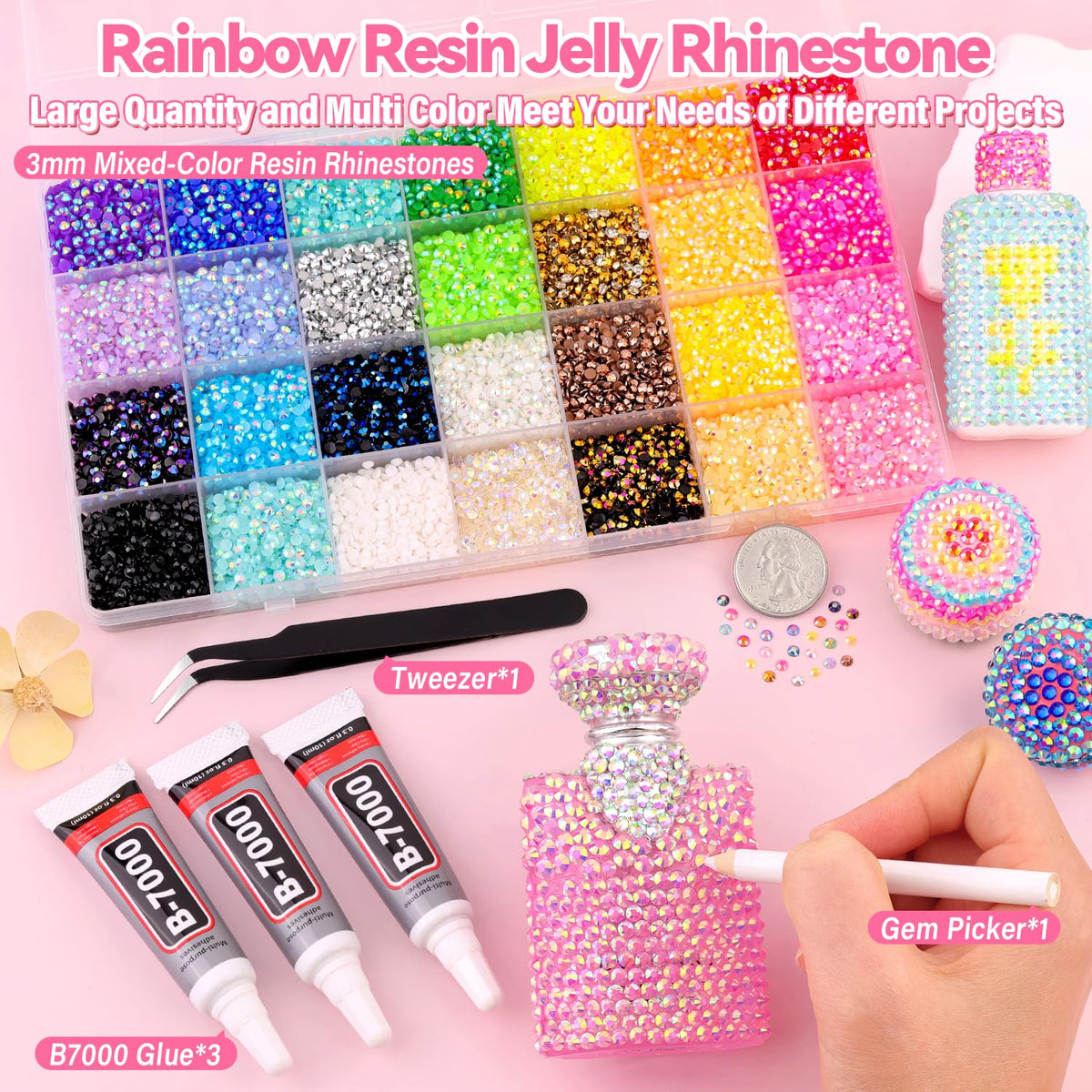 28-grid storage box filled with vibrant 3mm resin rhinestones