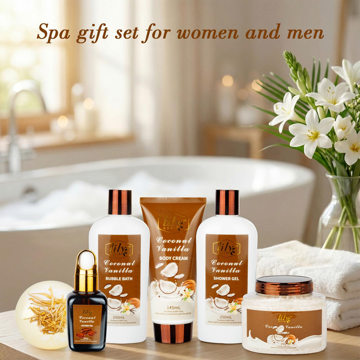 30ml jojoba oil included in LILY ROY Coconut Vanilla Spa Gift Set