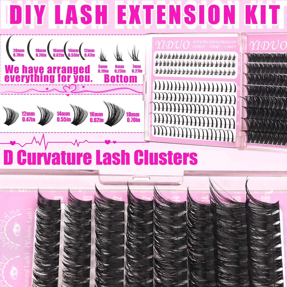 60D lash clusters displayed in YIDUO makeup bag