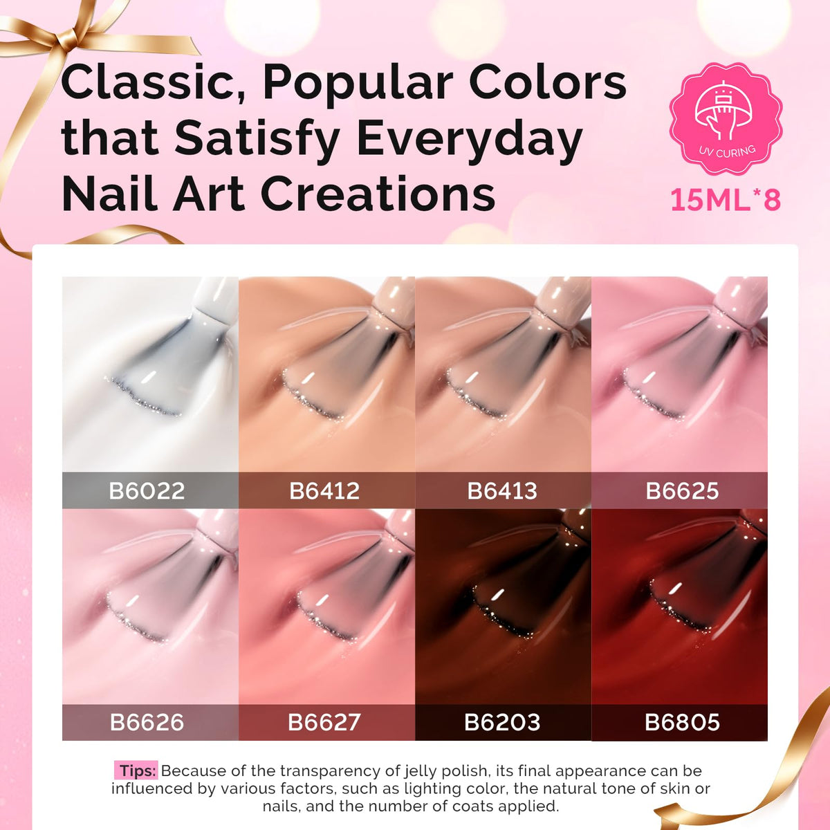 8 jelly gel nail polish bottles in various colours