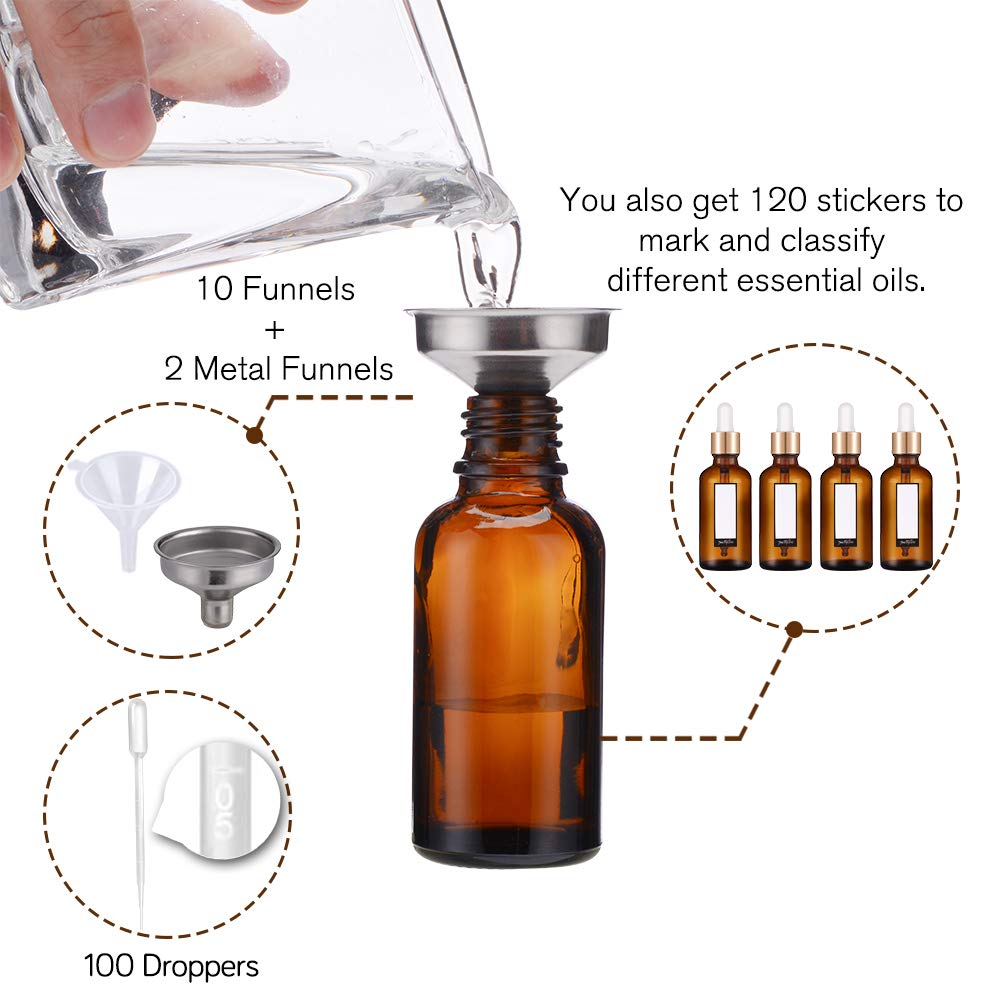 99 pack of PrettyCare amber glass eye dropper bottles