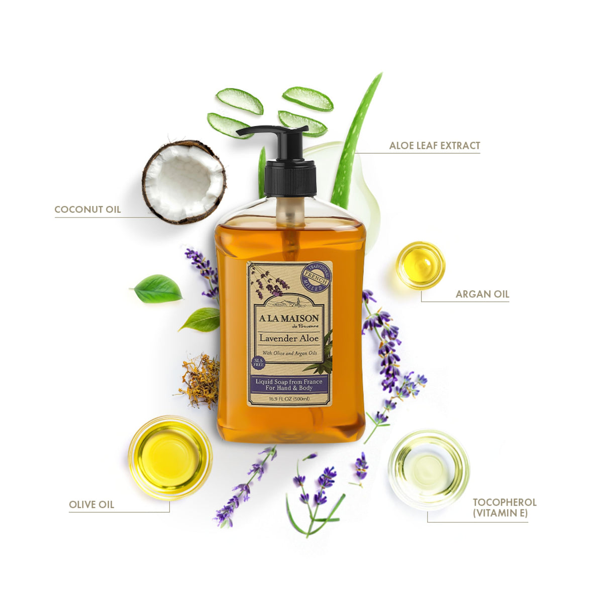 A LA MAISON Lavender Aloe Liquid Hand Soap bottle side view