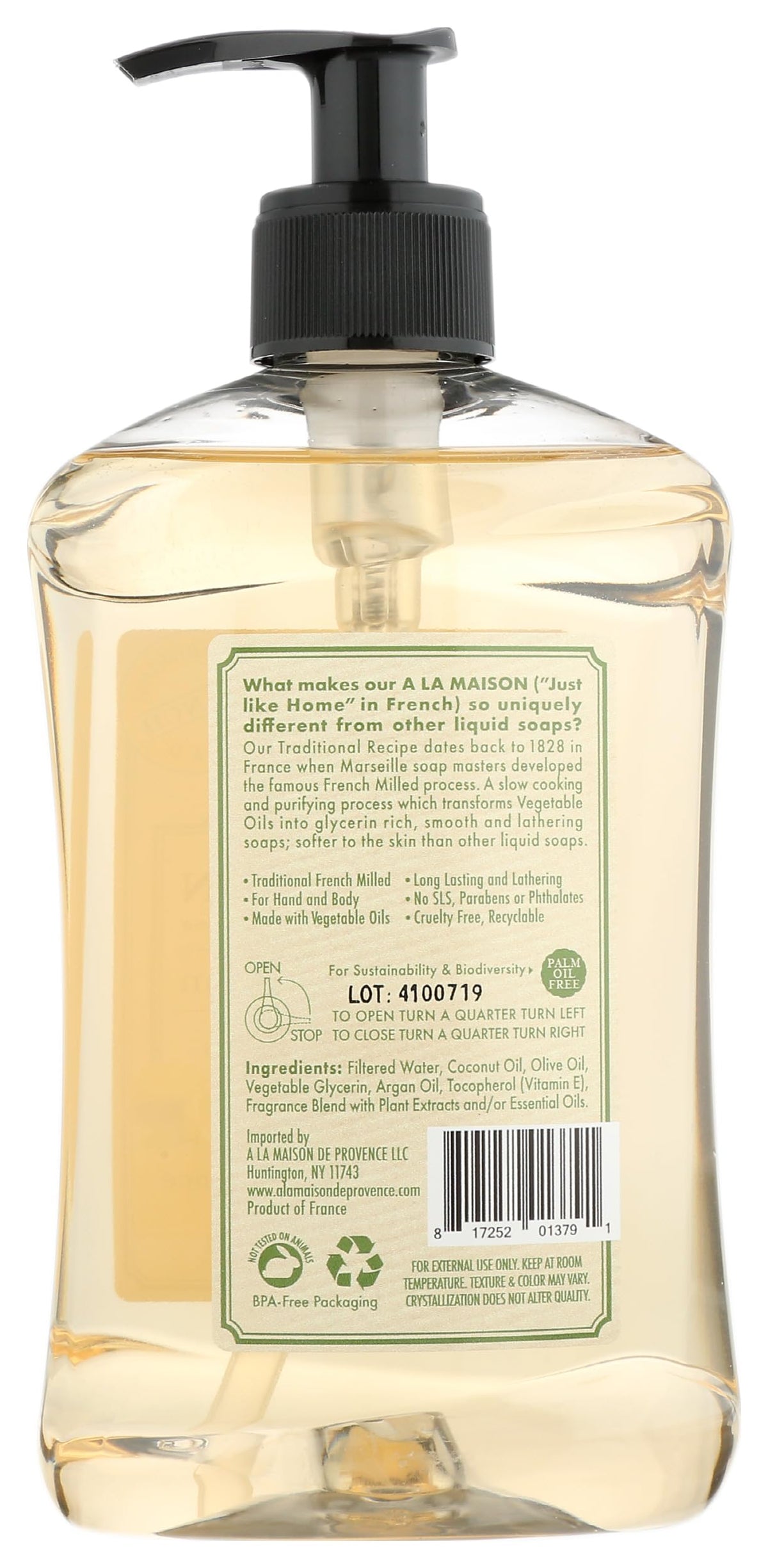 A LA MAISON Provence Lemon Liquid Hand Soap side view with label