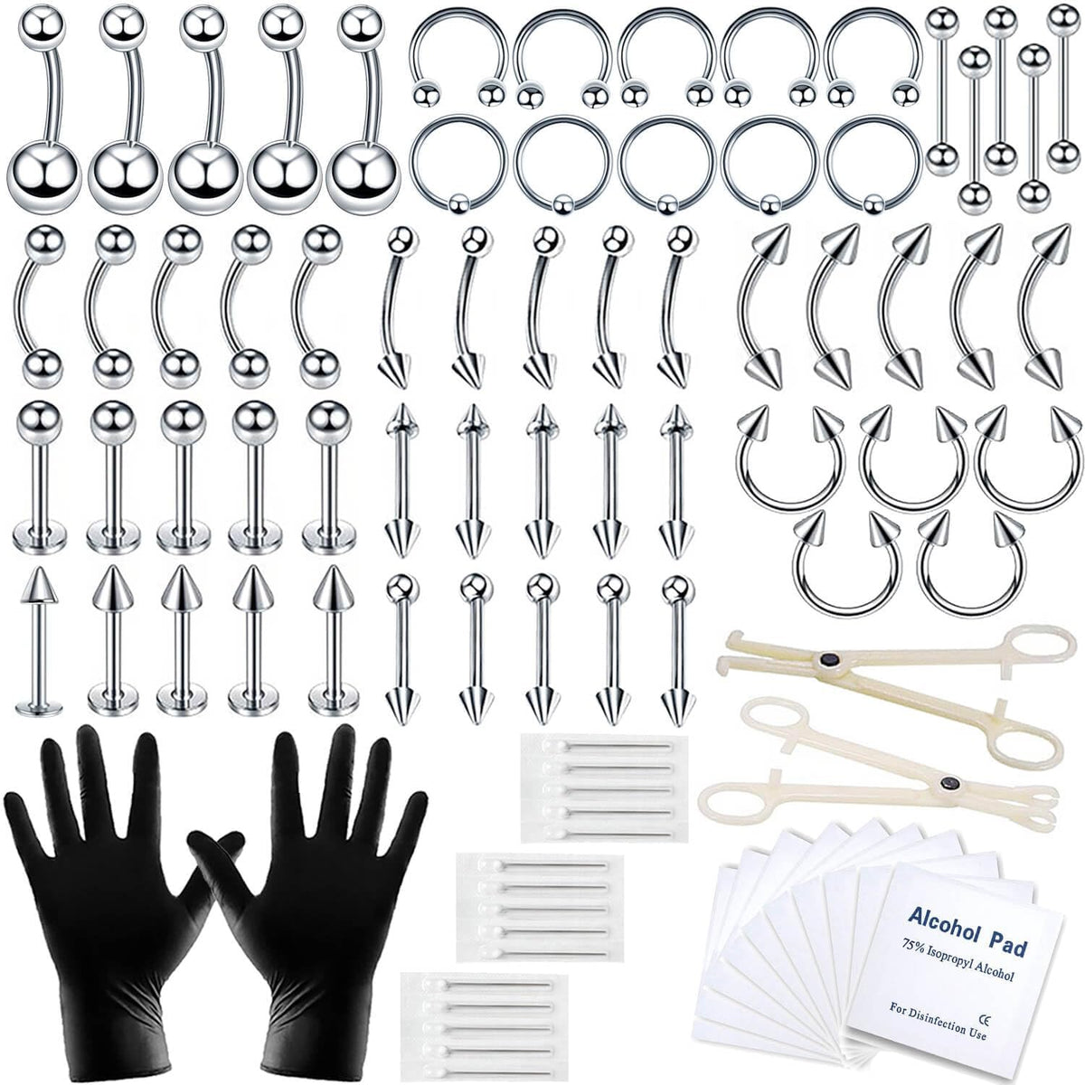 A-minusone 84-Piece Body Piercing Kit front view with assorted jewelry