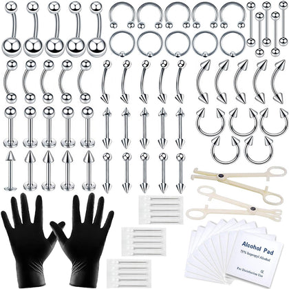 A-minusone 84-Piece Body Piercing Kit front view with assorted jewelry