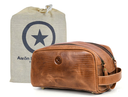 AARON LEATHER GOODS 10" leather toiletry pouch in cerulean front view