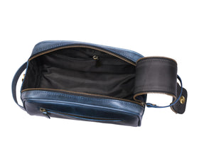 AARON LEATHER GOODS 10" Leather Toiletry Pouch showing double zipper compartment