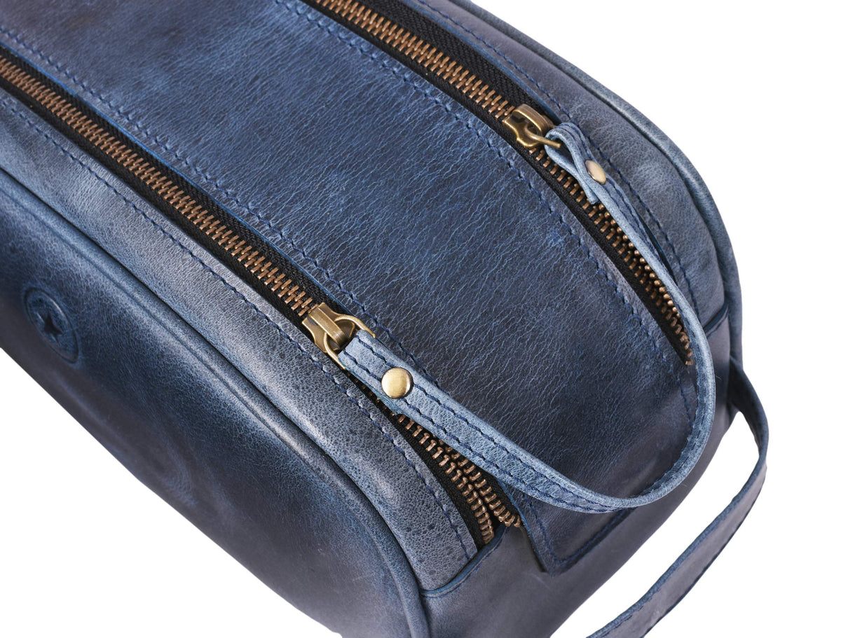 AARON LEATHER GOODS 10" Toiletry Pouch displayed with grooming essentials