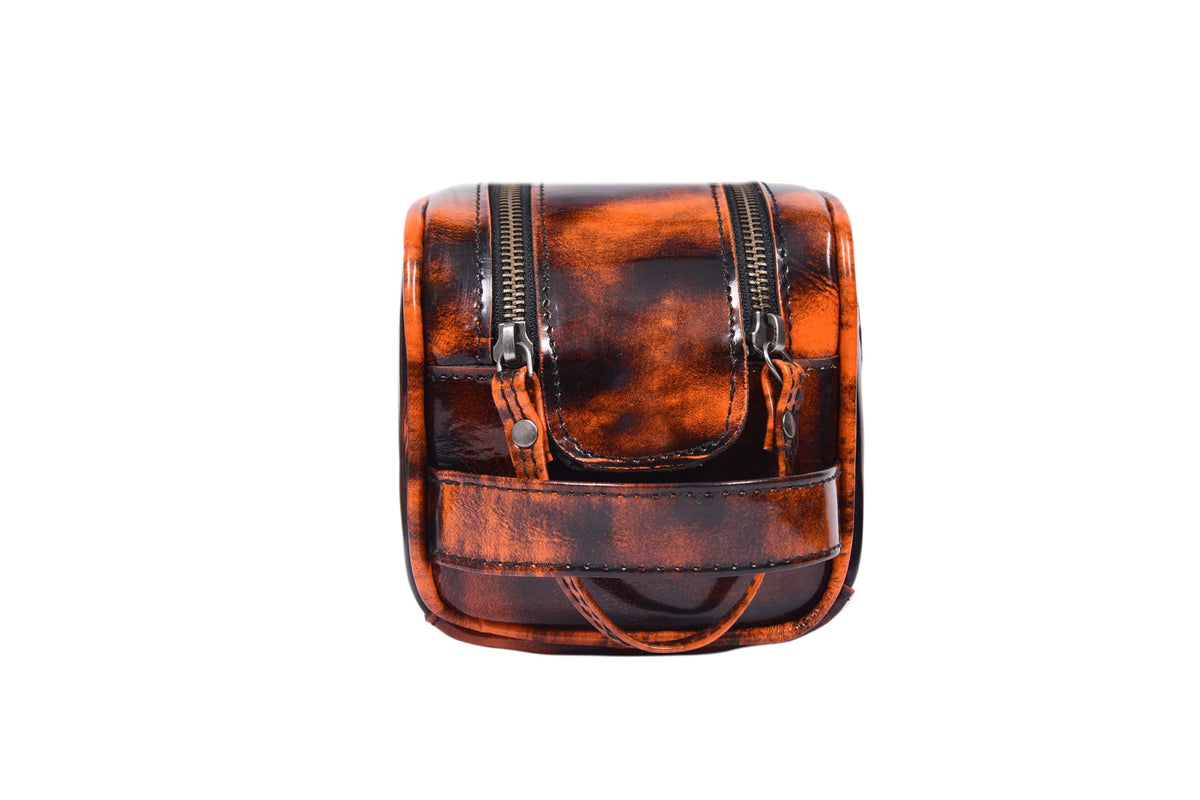 AARON LEATHER GOODS leather toiletry pouch in a travel setting