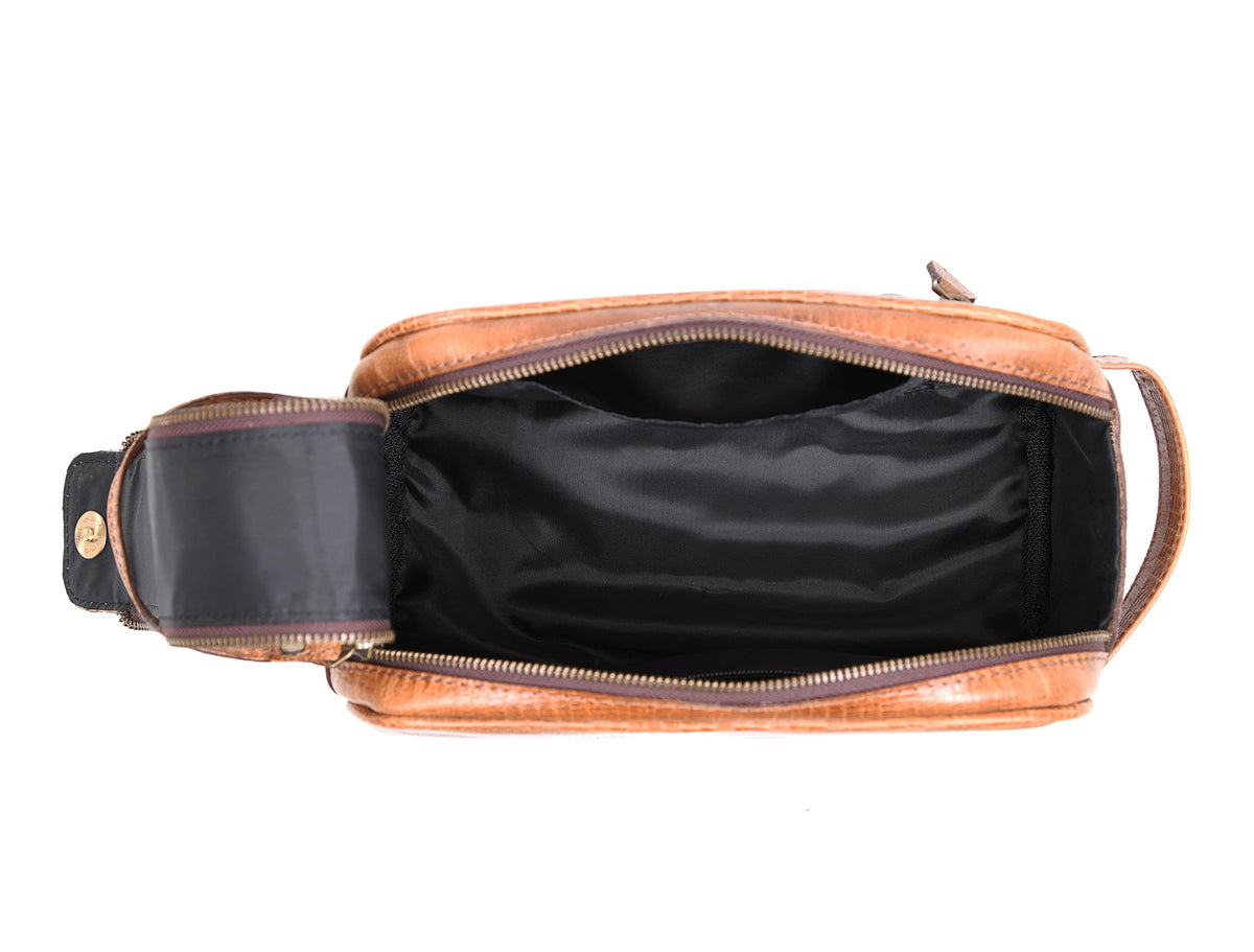 AARON LEATHER GOODS leather toiletry pouch side view showing double zipper