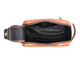 AARON LEATHER GOODS leather toiletry pouch side view showing double zipper
