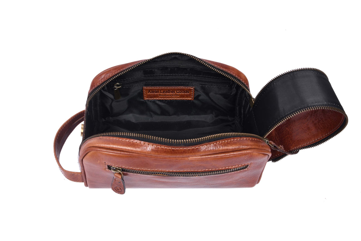 AARON Leather Toiletry Bag external zippered pocket