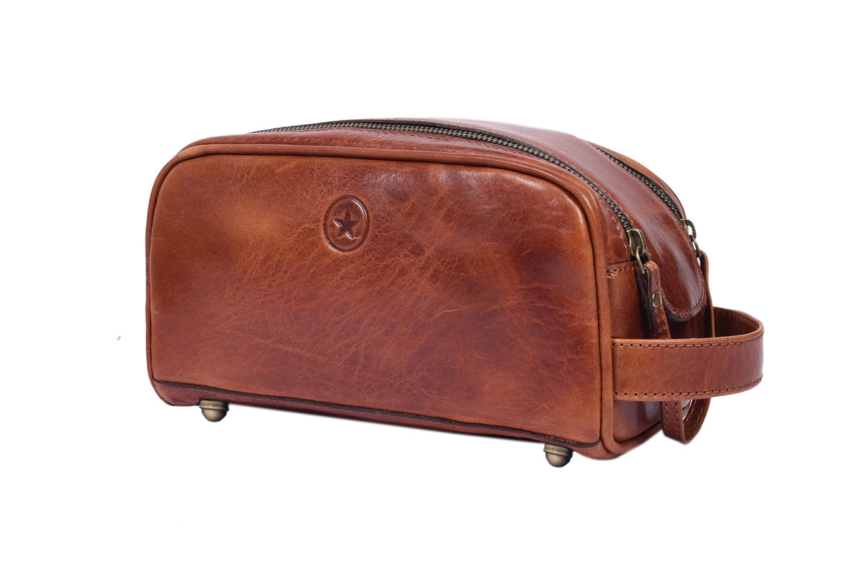 AARON Leather Toiletry Bag front view with double zipper