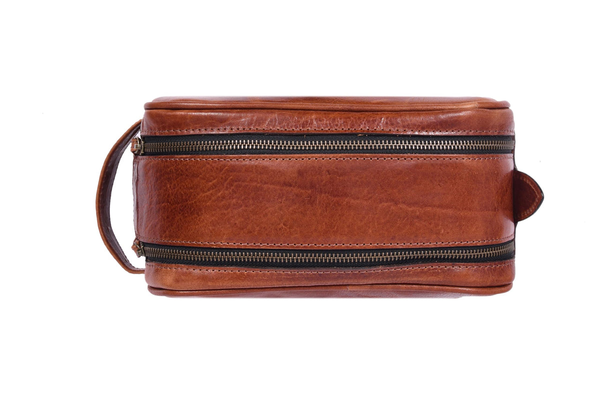AARON Leather Toiletry Bag lifestyle scene on bathroom counter