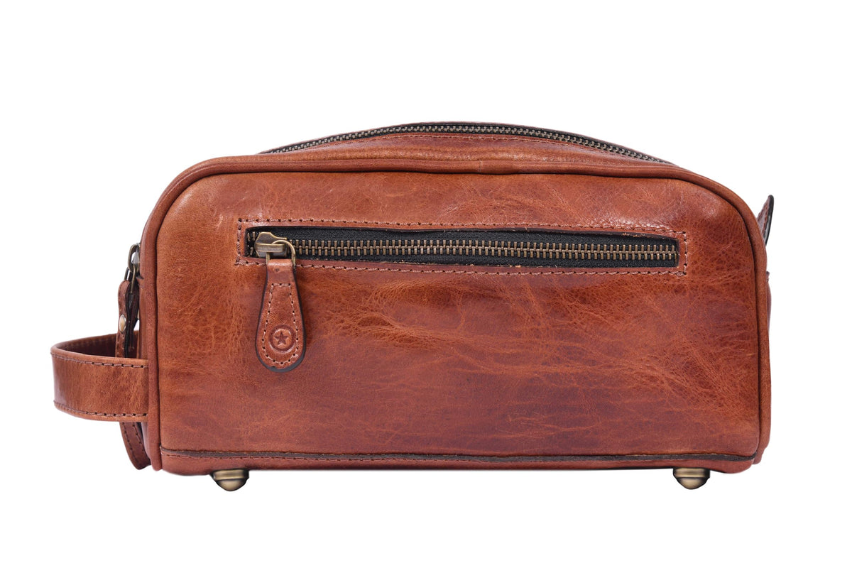 AARON Leather Toiletry Bag open with grooming items inside