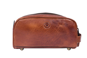 AARON Leather Toiletry Bag side view showing leather strap