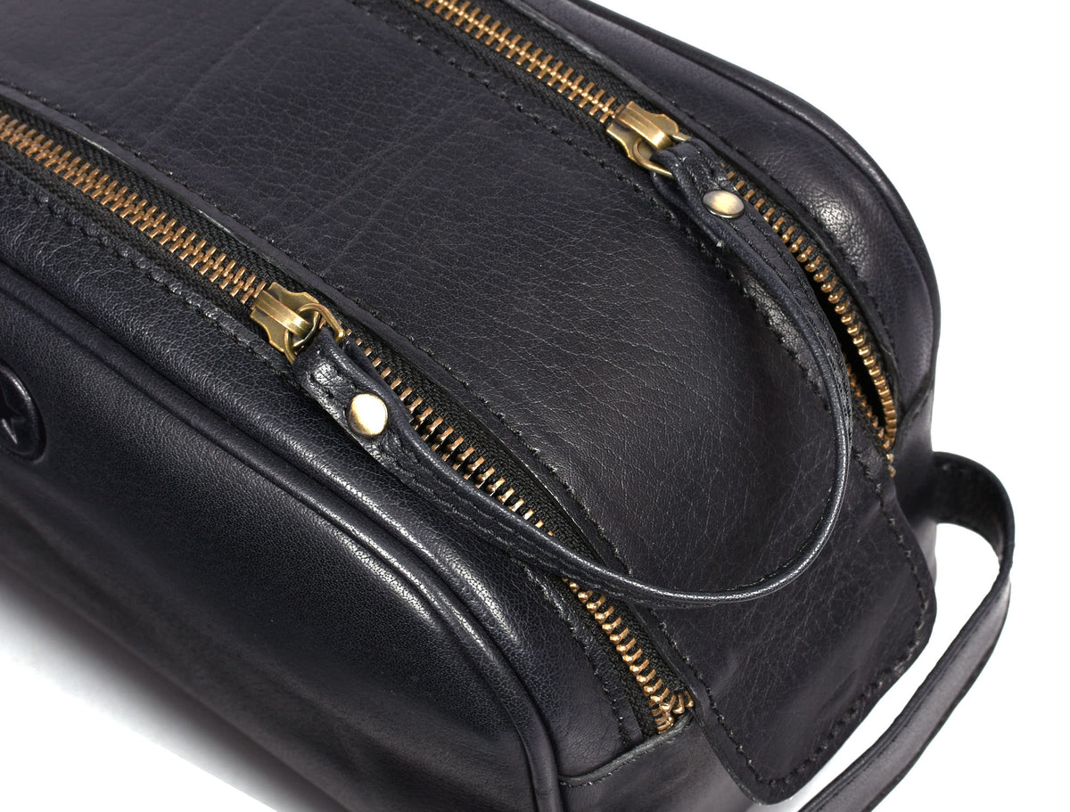 AARON Leather Toiletry Pouch open with grooming essentials