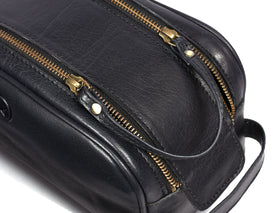 AARON Leather Toiletry Pouch open with grooming essentials