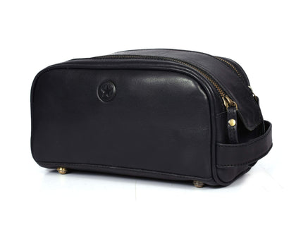 AARON Leather Toiletry Travel Pouch front view with double zipper