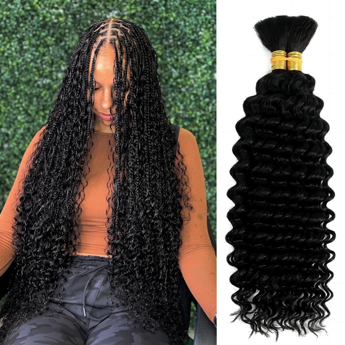 Acbhoa 100% Human Boho Braiding Hair Deep Wave 22 inch #1B front view