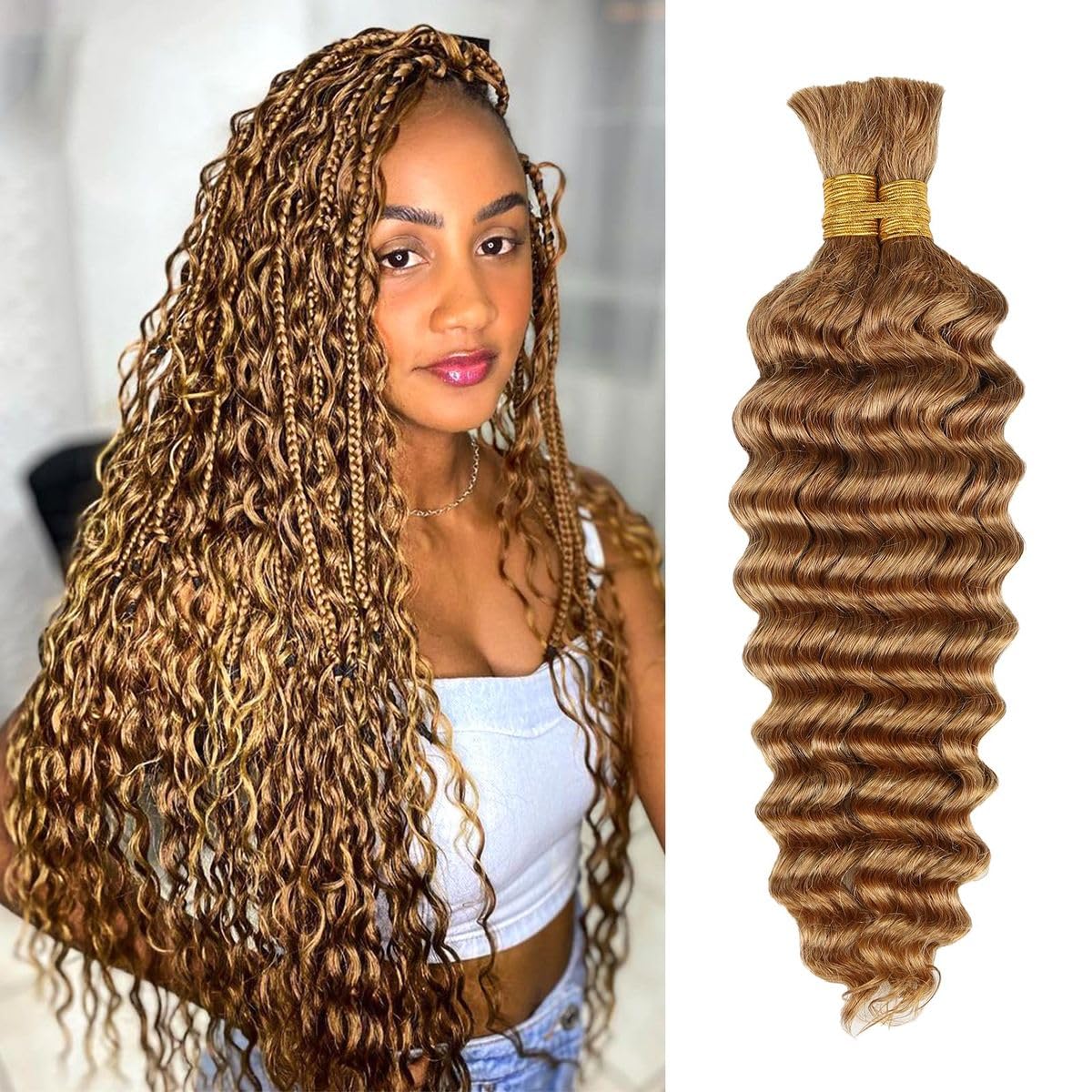 Acbhoa 100% Human Boho Braiding Hair Deep Wave 22inch #27 Honey Blonde front view