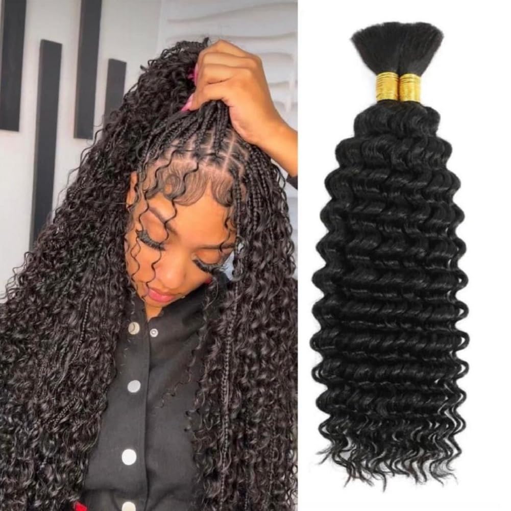Acbhoa 100% Human Boho Braiding Hair Deep Wave 24inch #1B front view