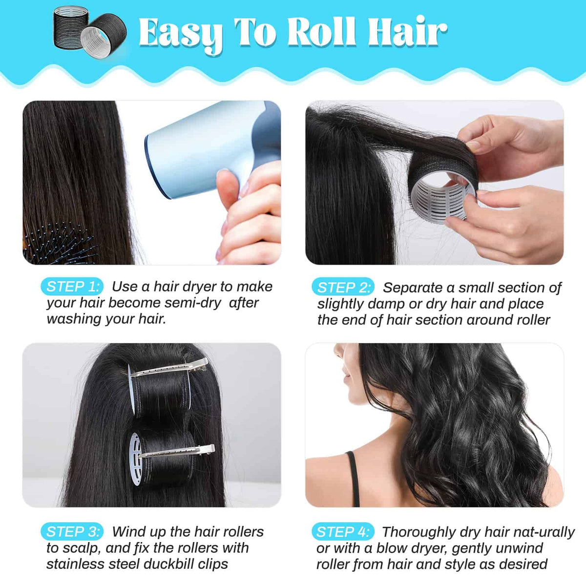 Acejoz hair roller set with stainless steel duckbill clips