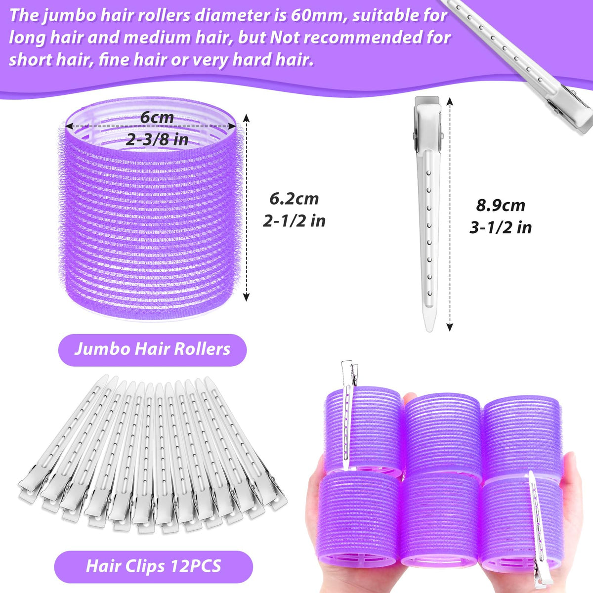 Acejoz Jumbo Hair Rollers with stainless steel clips