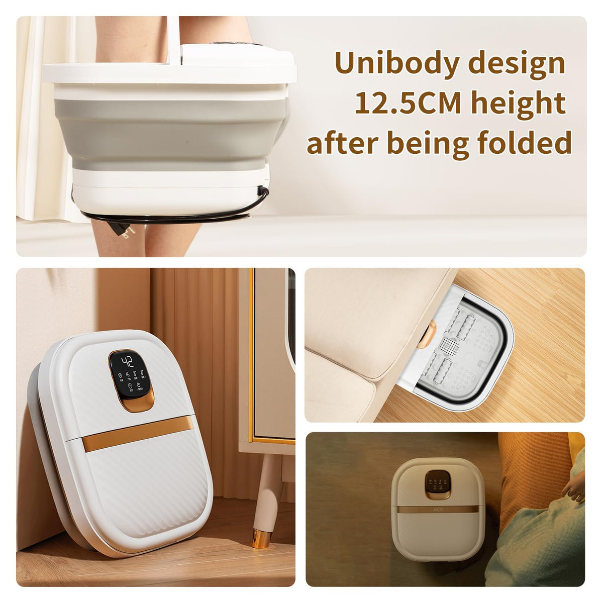 ACKLEAP Folding Foot Spa demonstrating adjustable temperature settings
