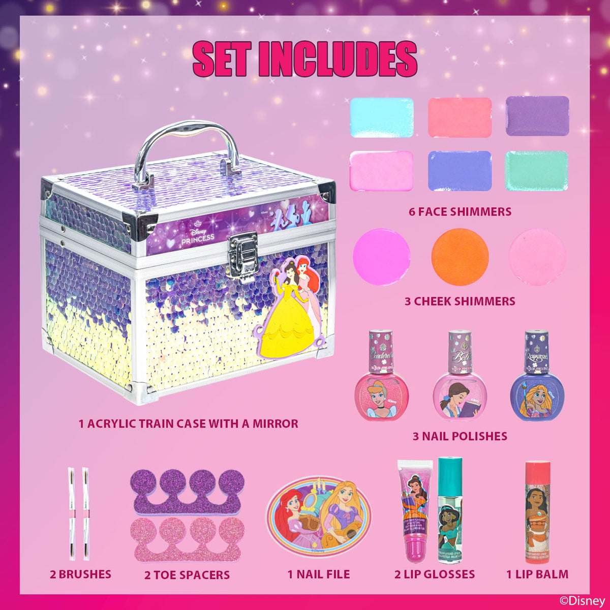 Acrylic train case open showcasing multiple beauty products