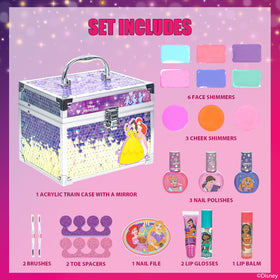 Acrylic train case open showcasing multiple beauty products
