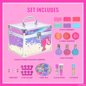 Acrylic train case with makeup inside
