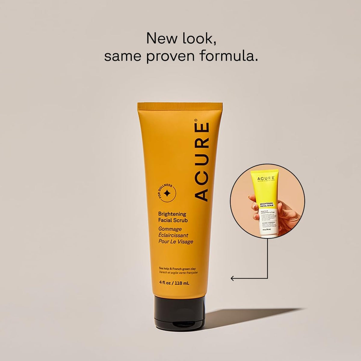 Acure Brightening Facial Scrub packaging with ingredients