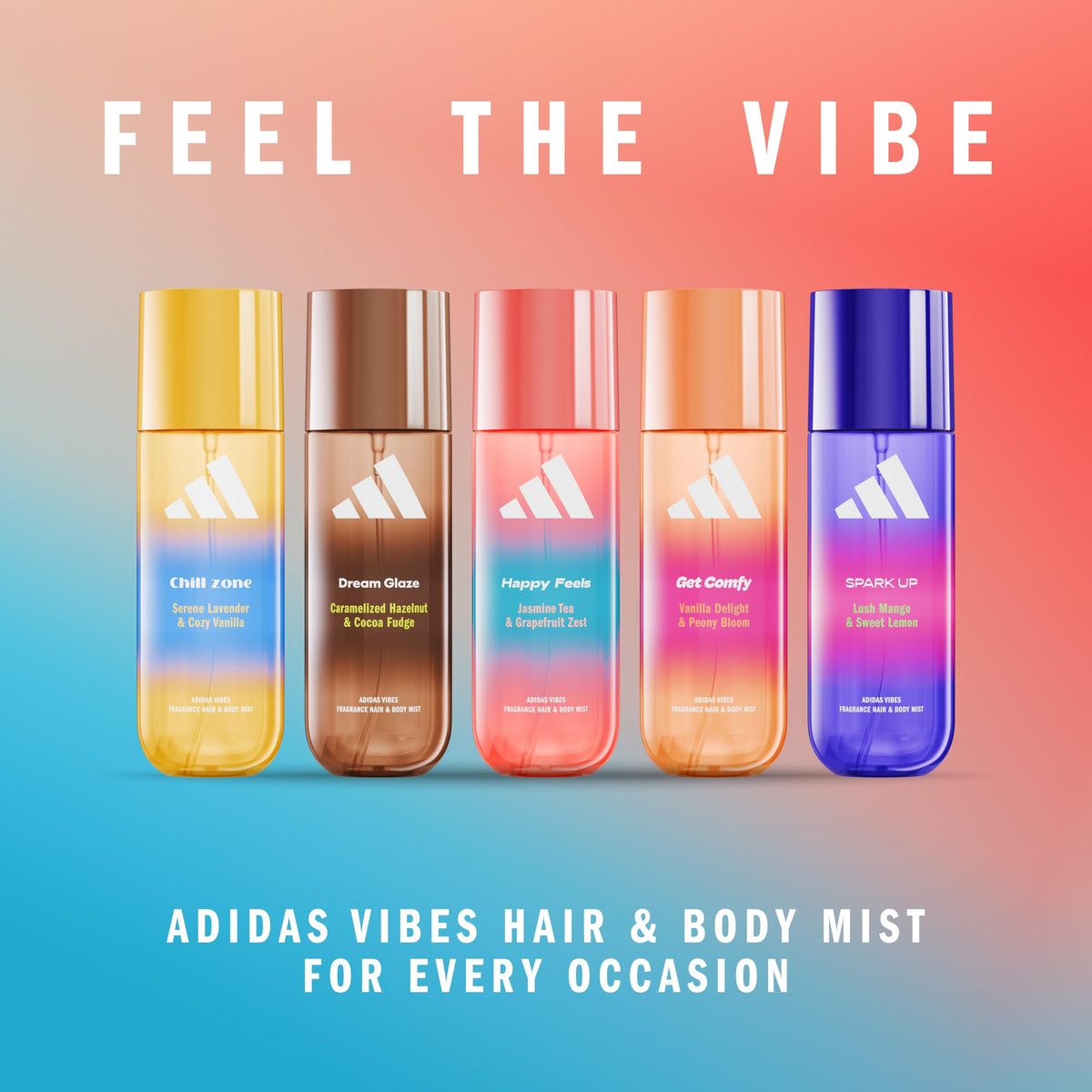 adidas Vibes Happy Feels Fragrance Hair & Body Mist with floral background