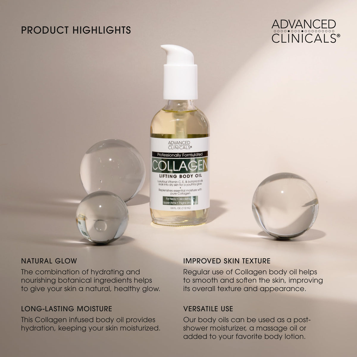 Advanced Clinicals Hydrating Collagen Body Oil with dropper