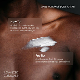 Advanced Clinicals Manuka Honey Body Cream in bathroom setting