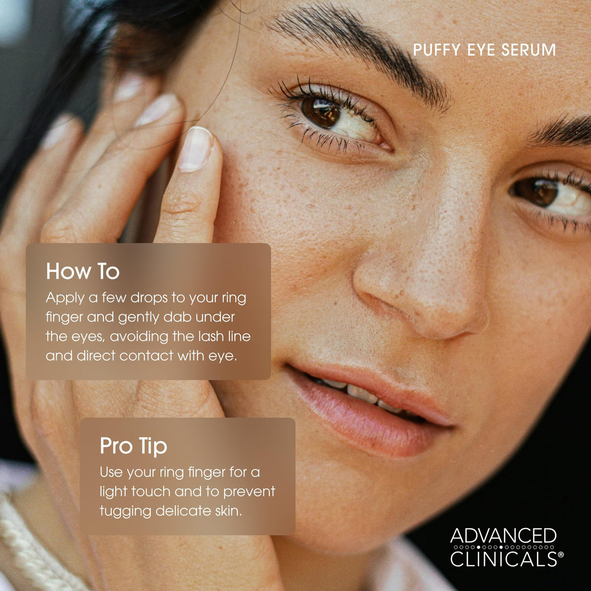 Advanced Clinicals Puffy Eye Serum texture on fingertip