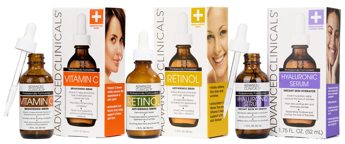 Advanced Clinicals Retinol Serum Set front view with three bottles