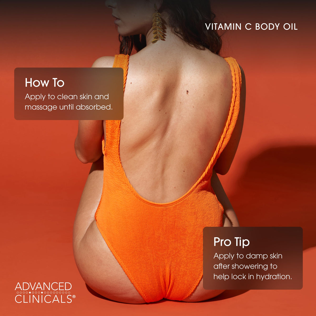 Advanced Clinicals Vitamin C Brightening Body Oil with ingredients displayed