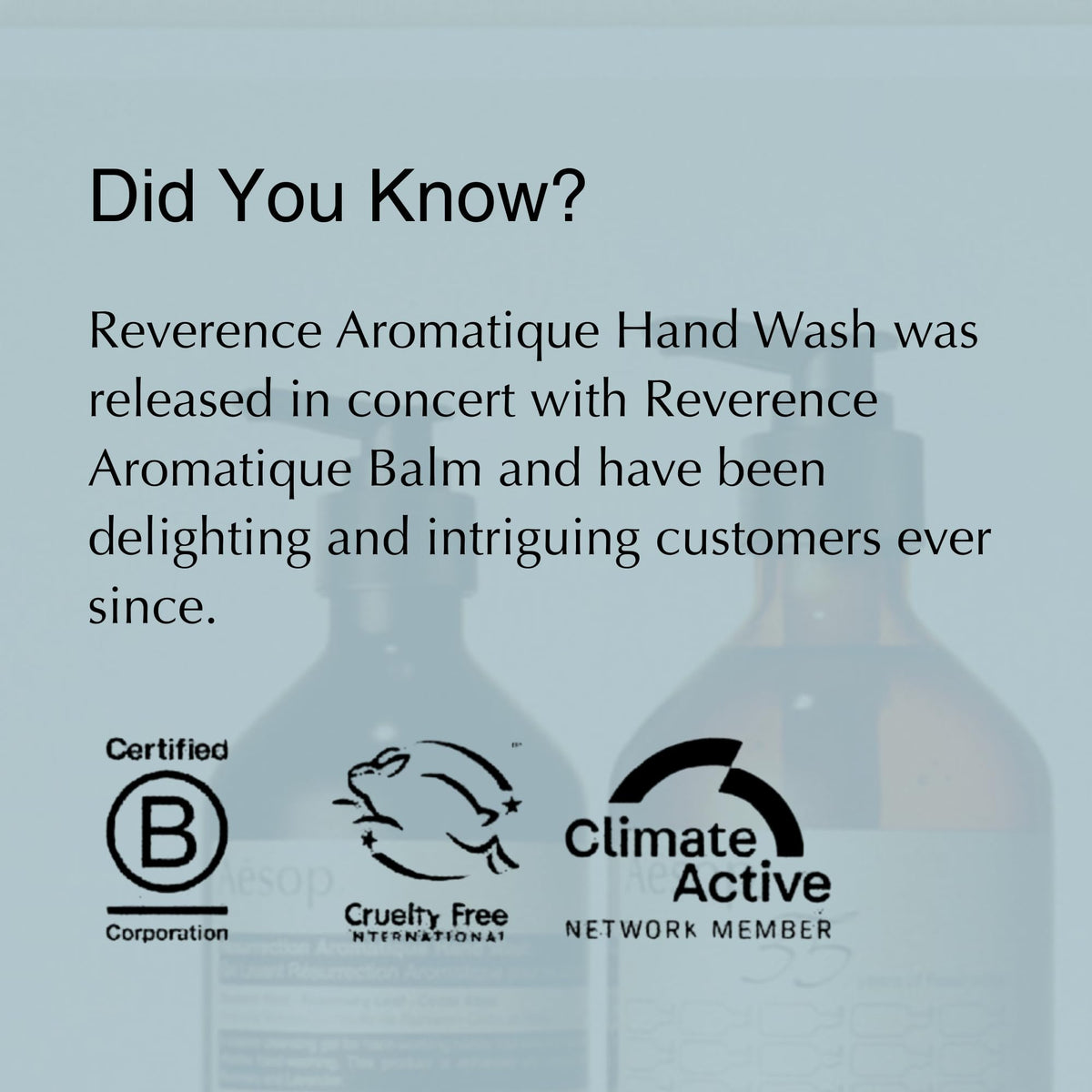Aesop hand wash ingredients displayed on a wooden surface
