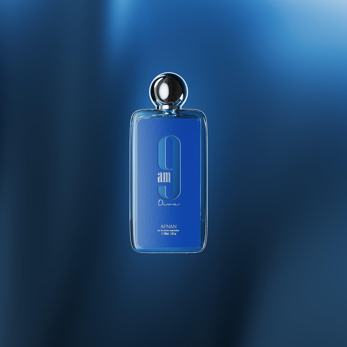 Afnan 9 AM Dive Unisex Eau De Parfum bottle with aquatic background