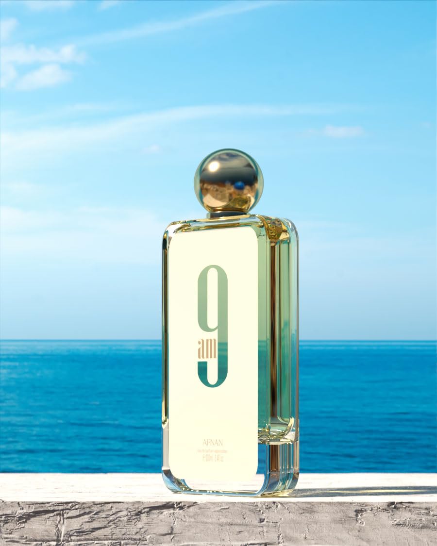 Afnan 9 AM Eau De Parfum bottle on a table