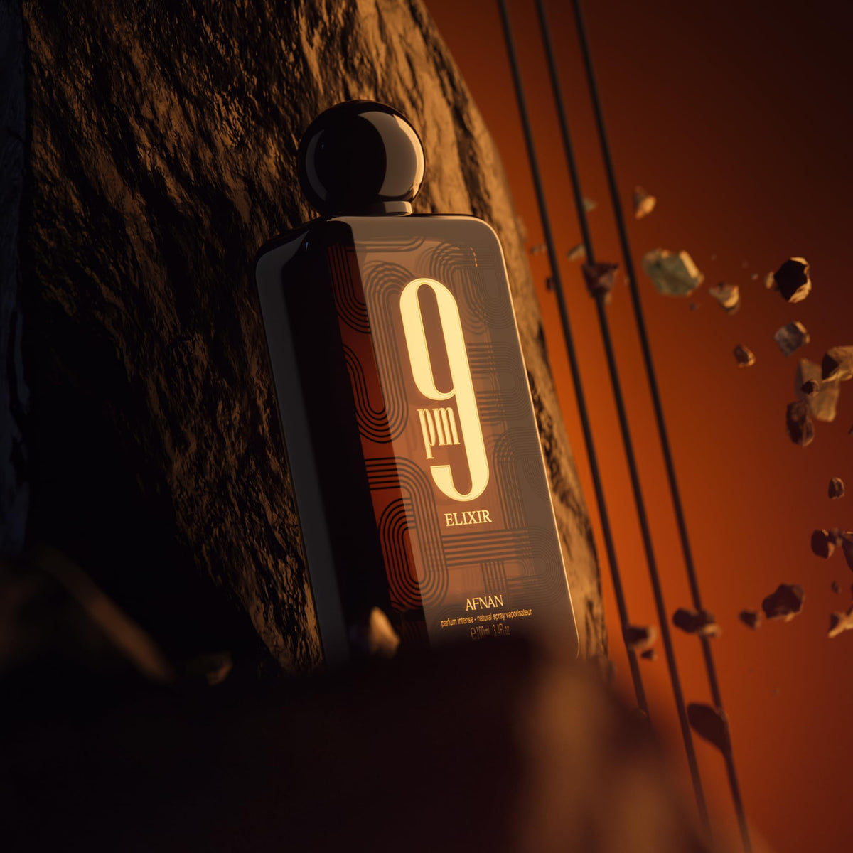 Afnan 9 PM Elixir bottle with fragrance notes listed