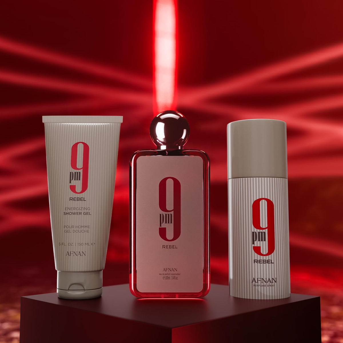 Afnan 9 PM Rebel Gift Set packaging display
