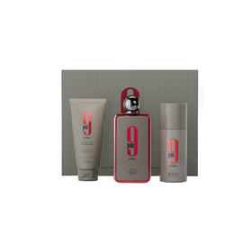 Afnan 9 PM Rebel Unisex Gift Set front view with Eau de Parfum, deodorant, and shower gel