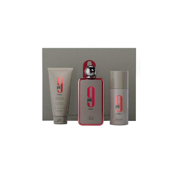 Afnan 9 PM Rebel Unisex Gift Set front view with Eau de Parfum, deodorant, and shower gel