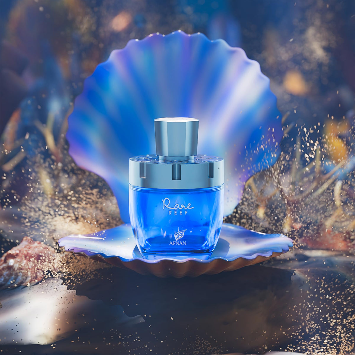 Afnan Rare Reef Unisex Extrait de Parfum on a wooden surface